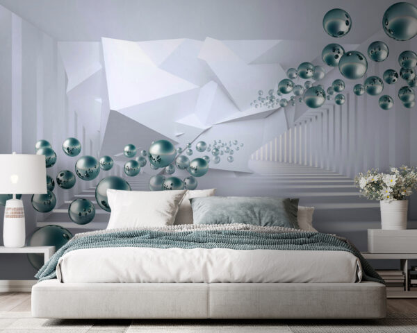Witte kamer met witte muren en witte zuilen en zilveren ballen Witte kamer met witte muren en witte zuilen en zilveren ballen