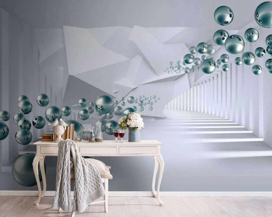 Witte kamer met witte muren en witte zuilen en zilveren ballen