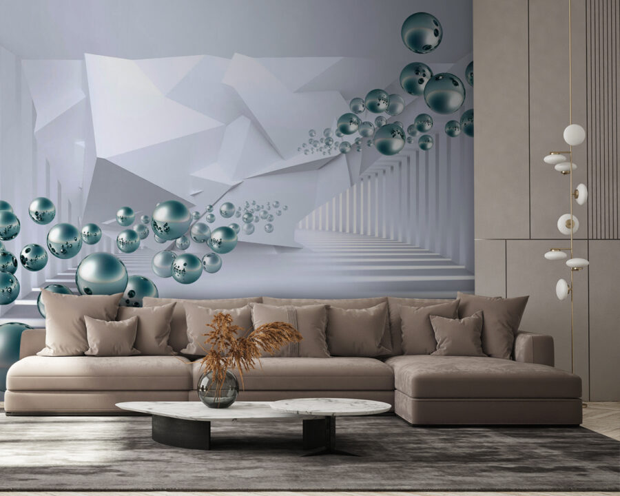 Witte kamer met witte muren en witte zuilen en zilveren ballen