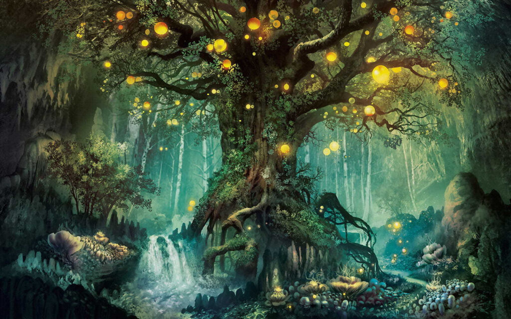 Schilderij van een boom met lichtjes erop Schilderij van een boom met lichtjes erop
