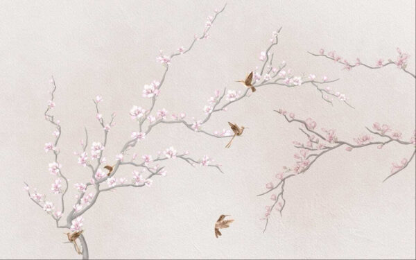 Schilderij van een boomtak met bloemen en vogels Schilderij van een boomtak met bloemen en vogels