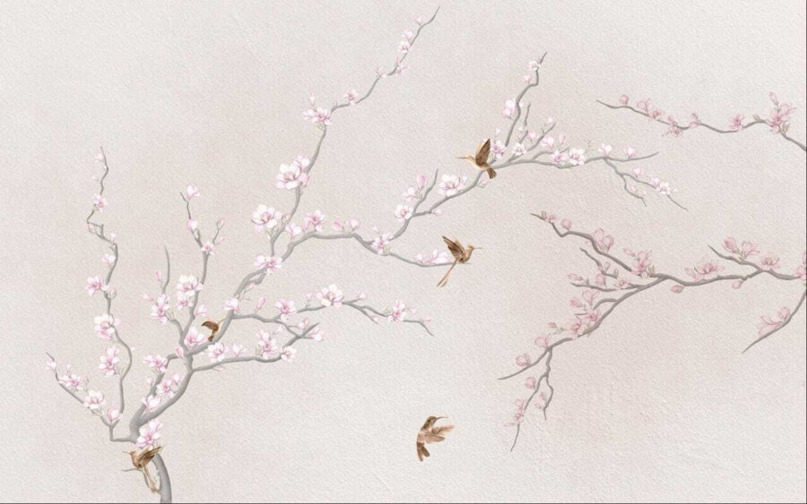 Schilderij van een boomtak met bloemen en vogels