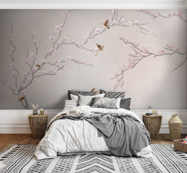 Schilderij van een boomtak met bloemen en vogels Schilderij van een boomtak met bloemen en vogels