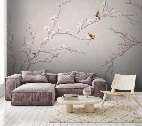 Schilderij van een boomtak met bloemen en vogels Schilderij van een boomtak met bloemen en vogels