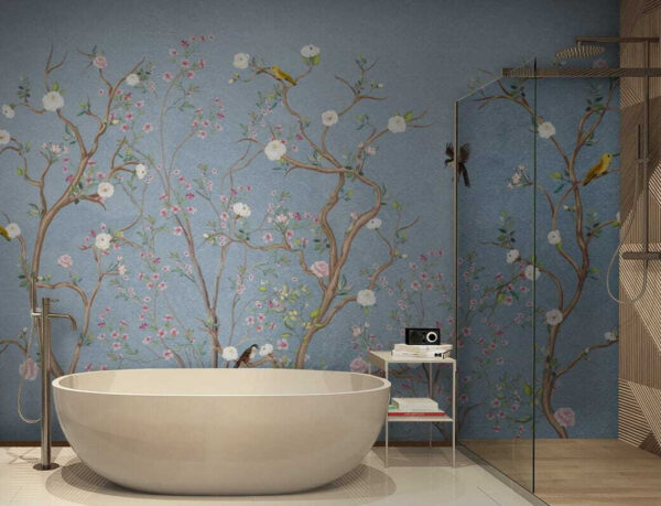 Muurschildering van een boom met bloemen en vogels Fotobehang Muurschildering van een boom met bloemen en vogels