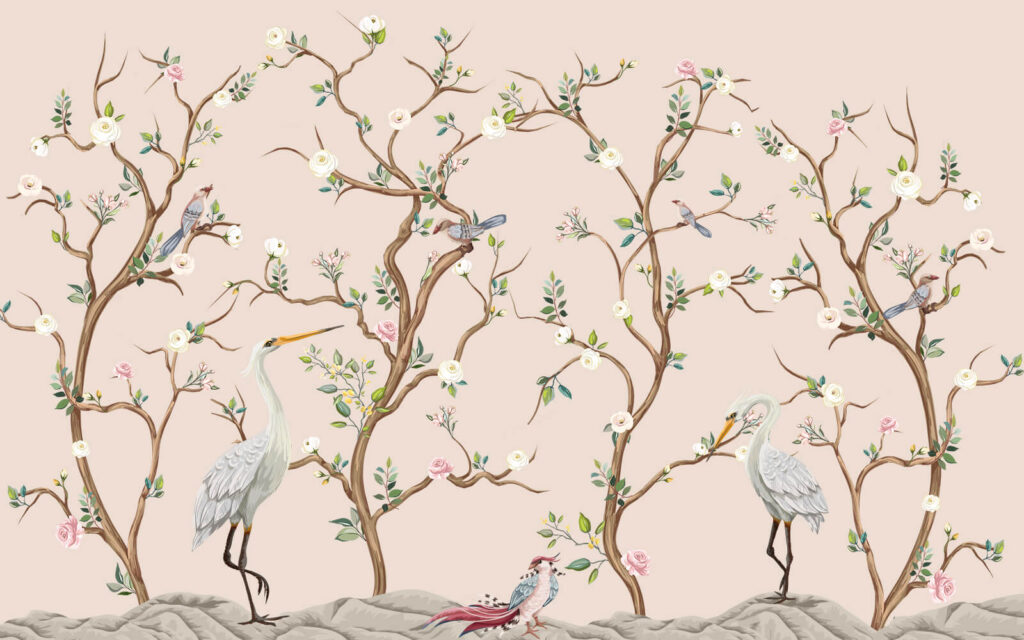 Behang met vogels en bloemen Behang met vogels en bloemen
