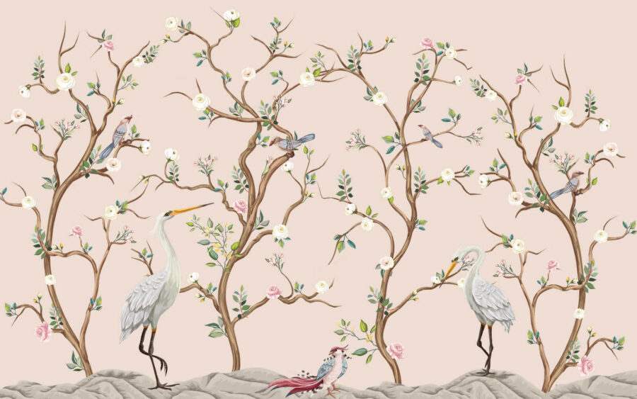 Behang met vogels en bloemen