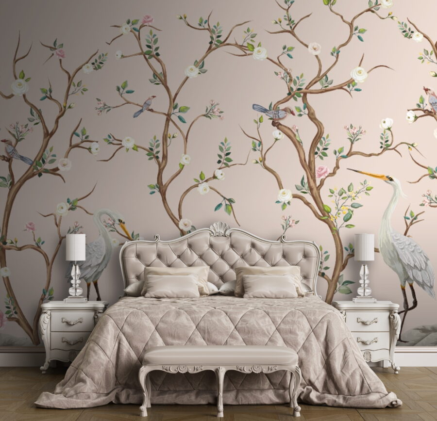Behang met vogels en bloemen