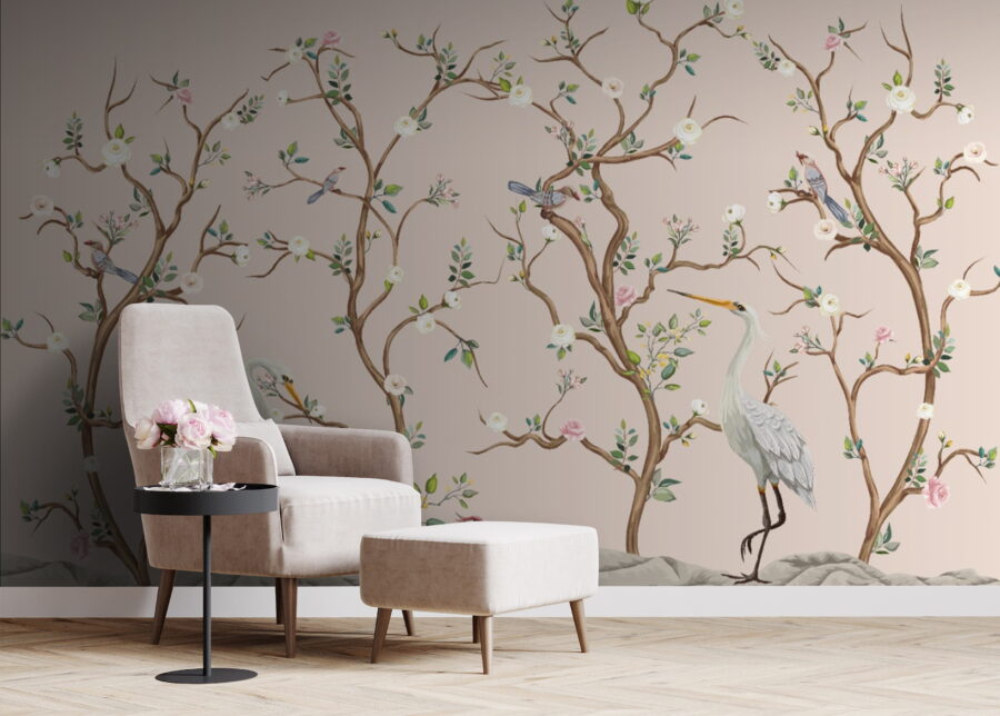 Behang met vogels en bloemen