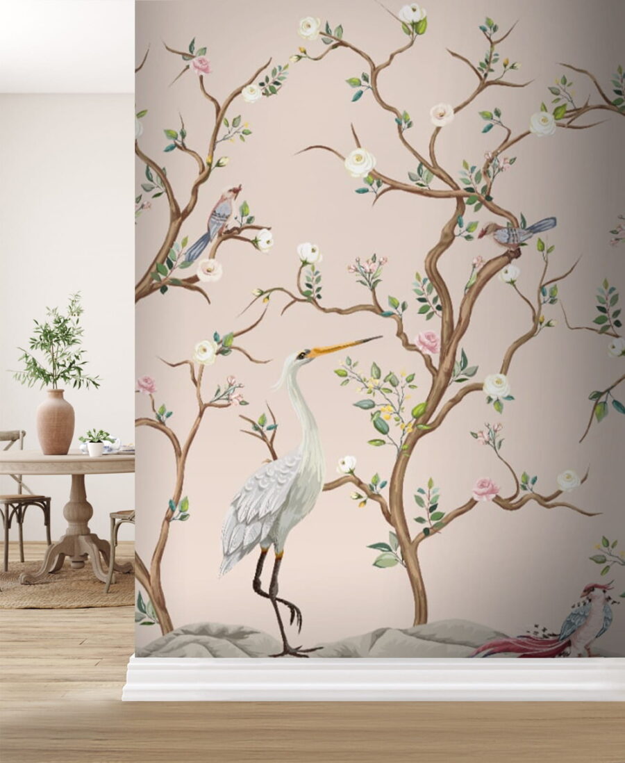 Behang met vogels en bloemen