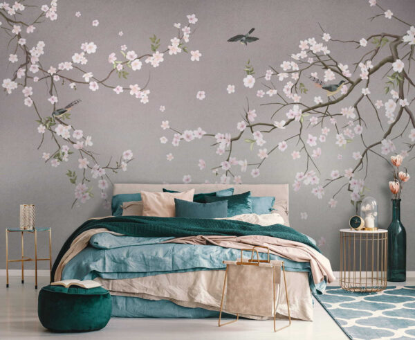 Boomtak met bloemen en vogels Fotobehang Boomtak met bloemen en vogels