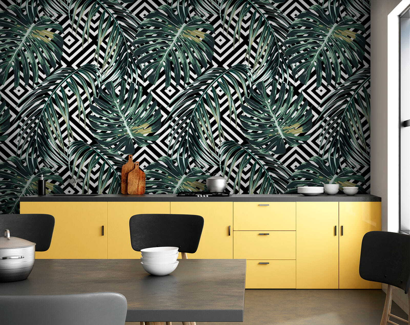 Bladerenpatroon op zwart-witte achtergrond u79688pik1m - Bladerenpatroon op zwart-witte achtergrond - tegory