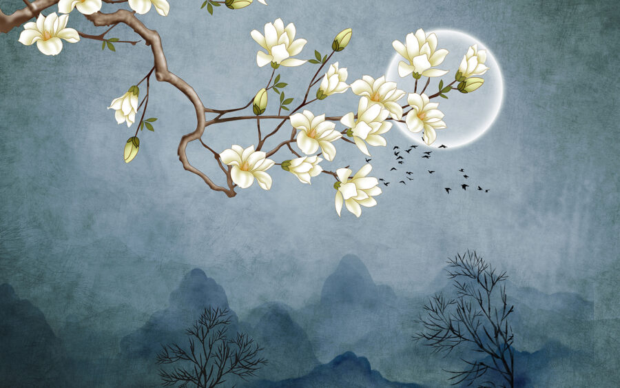 Een schilderij van een boomtak met witte bloemen