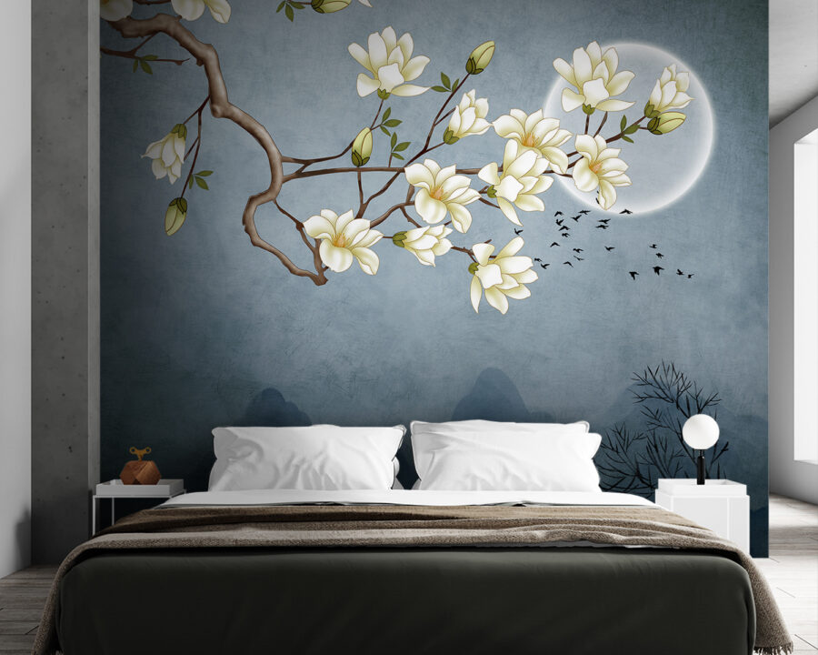 Een schilderij van een boomtak met witte bloemen