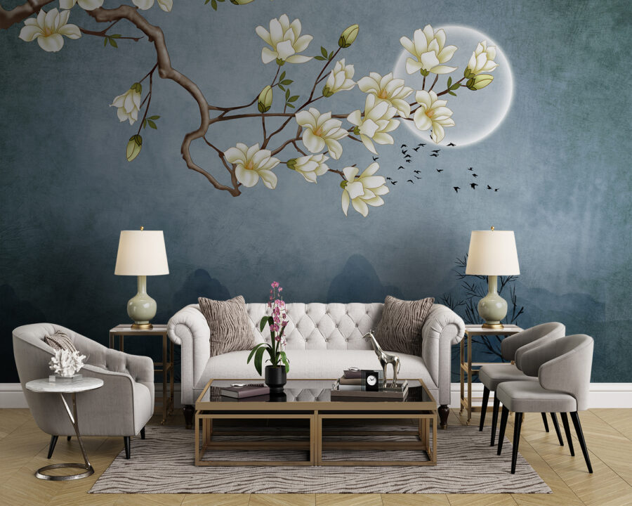 Een schilderij van een boomtak met witte bloemen