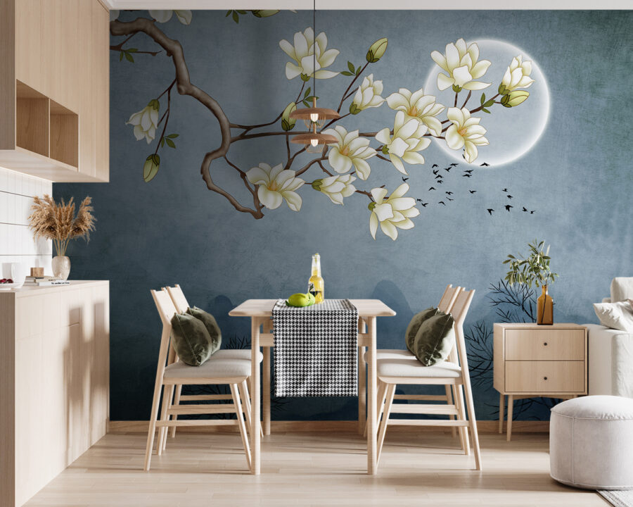 Een schilderij van een boomtak met witte bloemen
