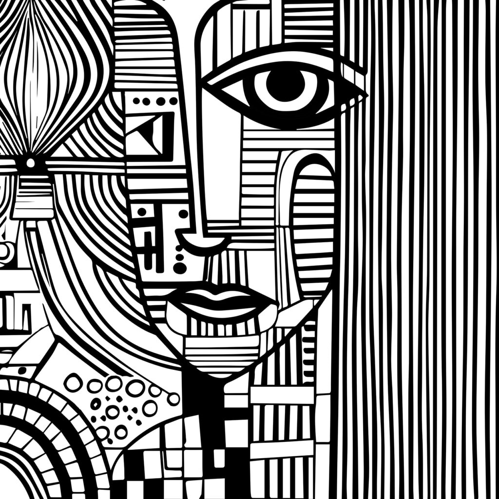 A black and white drawing of a woman's face