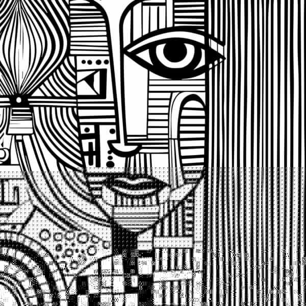 A black and white drawing of a woman's face