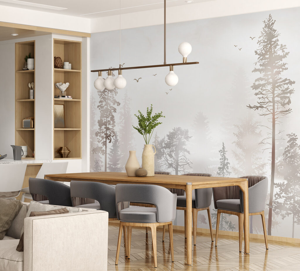 A group of trees in a foggy forest