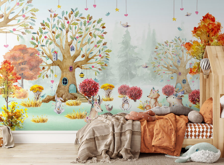 Een aquarelschilderij van dieren in een bos