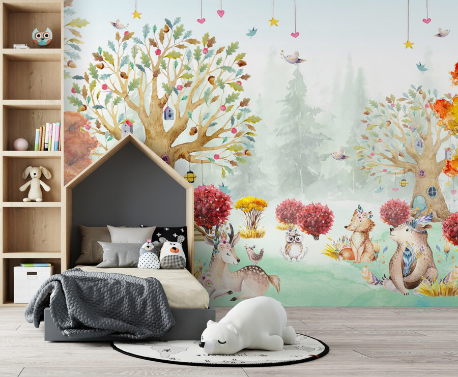 Een aquarelschilderij van dieren in een bos
