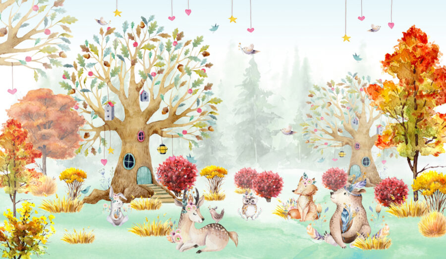 Een aquarelschilderij van dieren in een bos