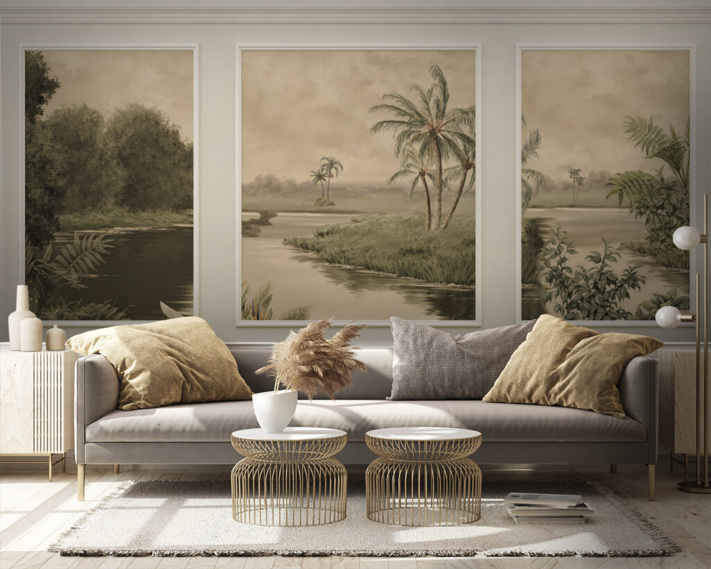 A wall with a painting of trees and a river A wall with a painting of trees and a river