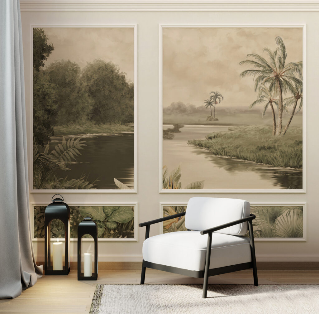 A wall with a painting of trees and a river A wall with a painting of trees and a river