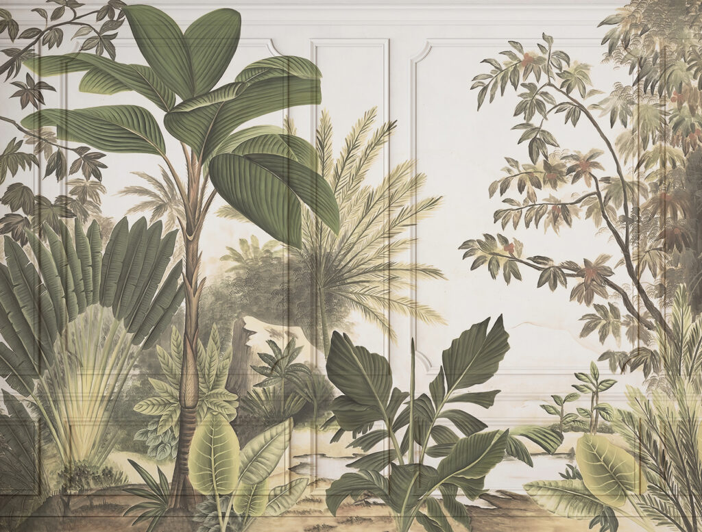 Een behang met een schilderij van bomen en planten Een behang met een schilderij van bomen en planten