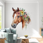 Fotobehang Een aquarel van een paard met bloemen op zijn hoofd