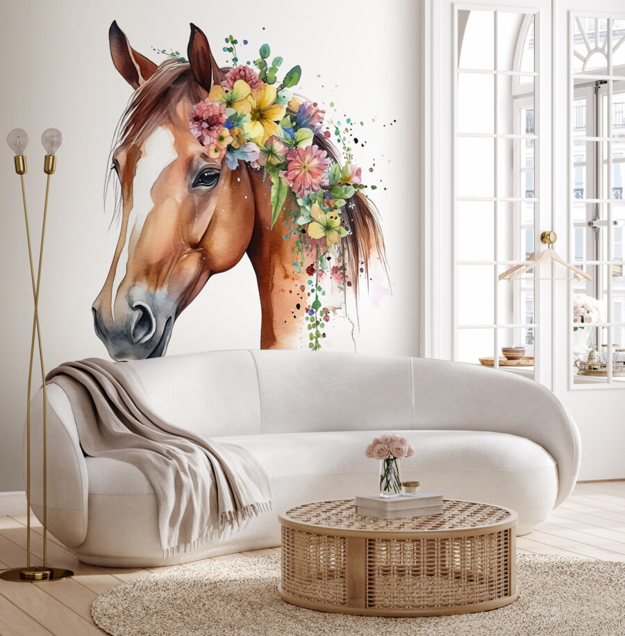Een aquarel van een paard met bloemen op zijn hoofd Een aquarel van een paard met bloemen op zijn hoofd