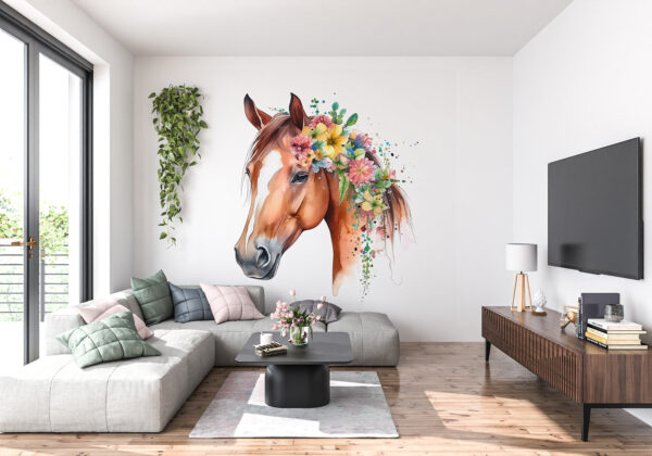 Een aquarel van een paard met bloemen op zijn hoofd Een aquarel van een paard met bloemen op zijn hoofd