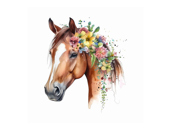 Een aquarel van een paard met bloemen op zijn hoofd Een aquarel van een paard met bloemen op zijn hoofd