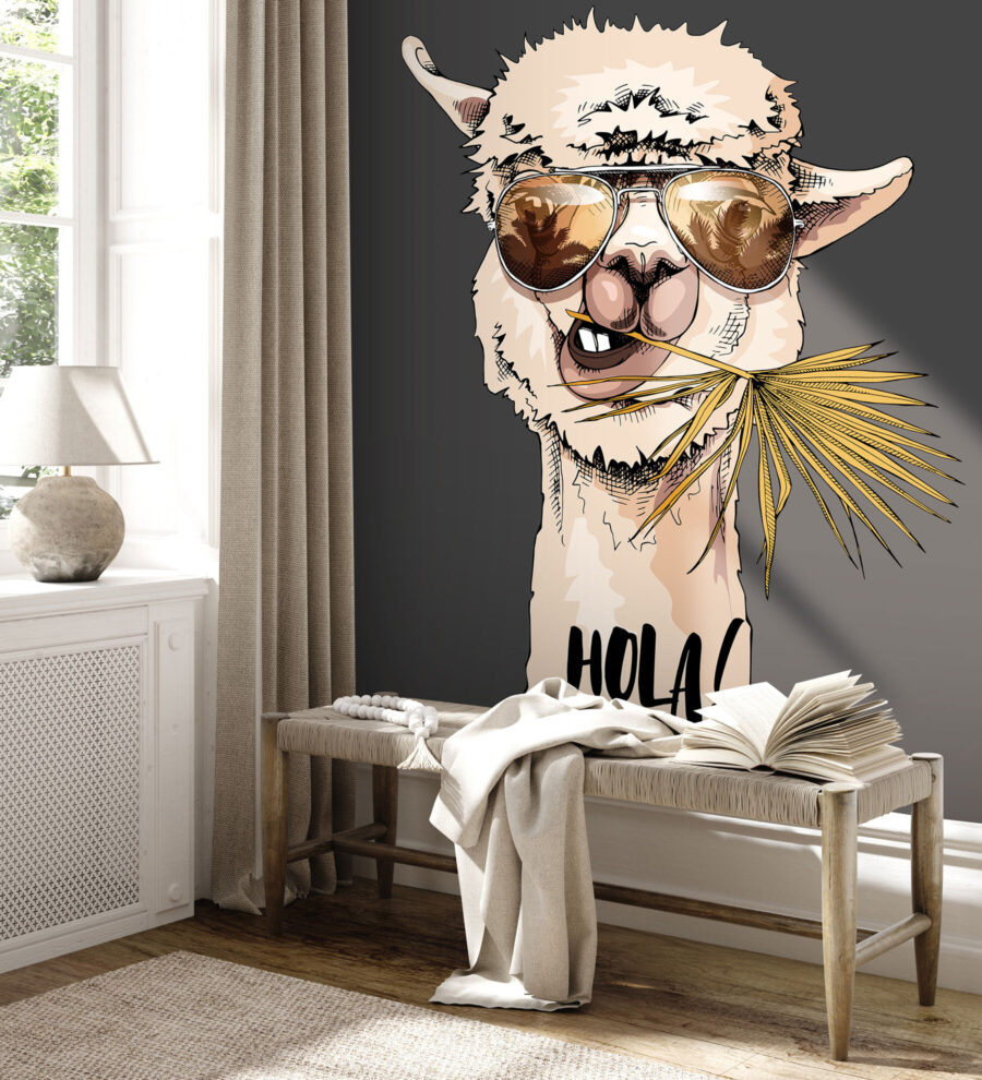 Fotobehang Een lama die een zonnebril draagt en een blad eet - Afbeelding 3
