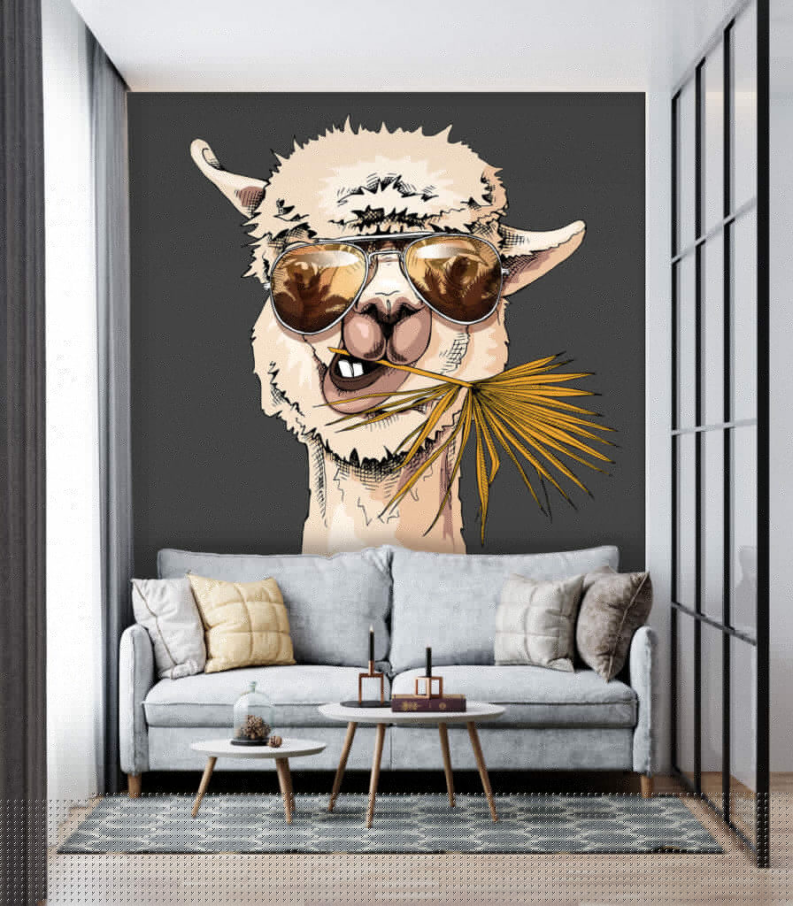 A llama wearing sunglasses and eating a leaf A llama wearing sunglasses and eating a leaf