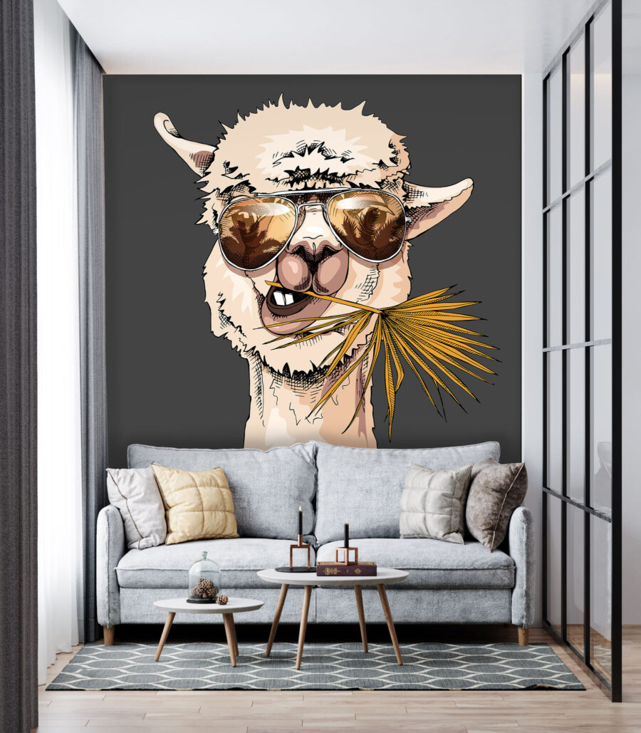 Fotobehang Een lama die een zonnebril draagt en een blad eet - Afbeelding 2