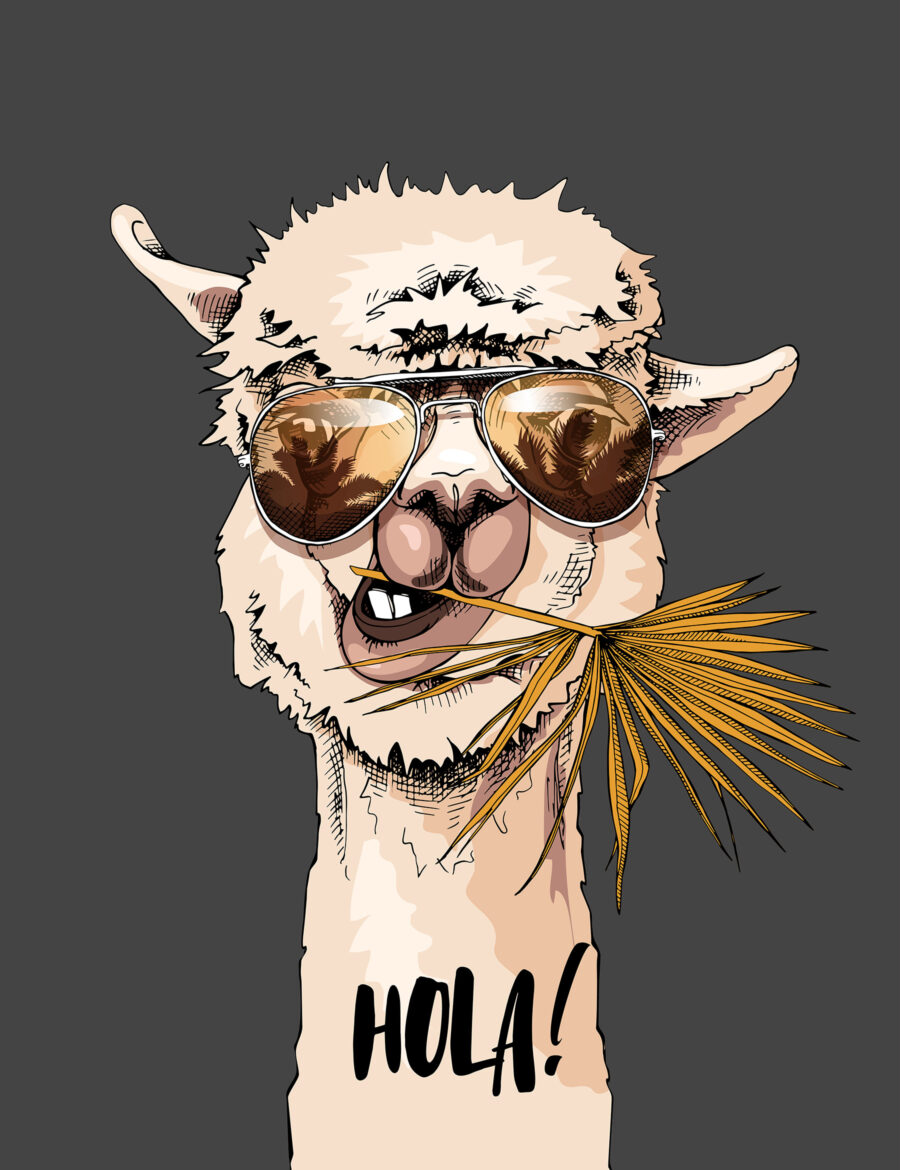 Fotobehang Een lama die een zonnebril draagt en een blad eet - Afbeelding 6