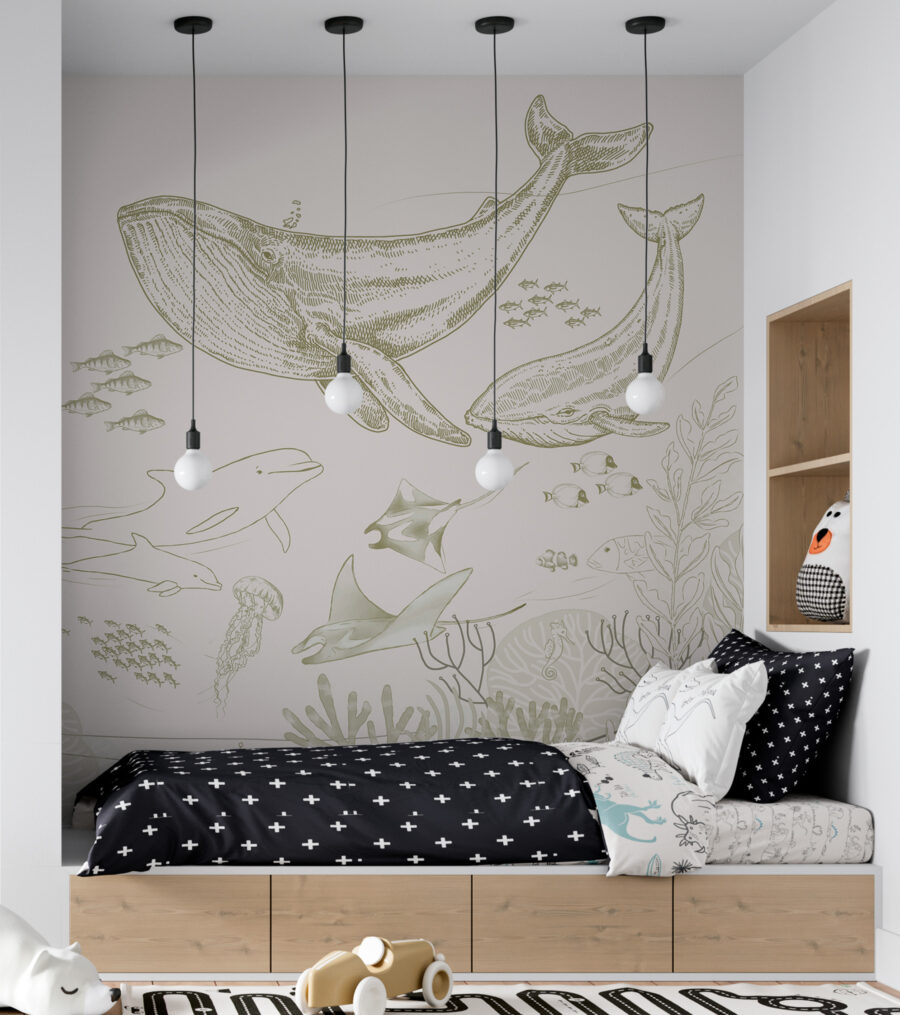 Een tekening van een walvis en een walvis Een tekening van een walvis en een walvis