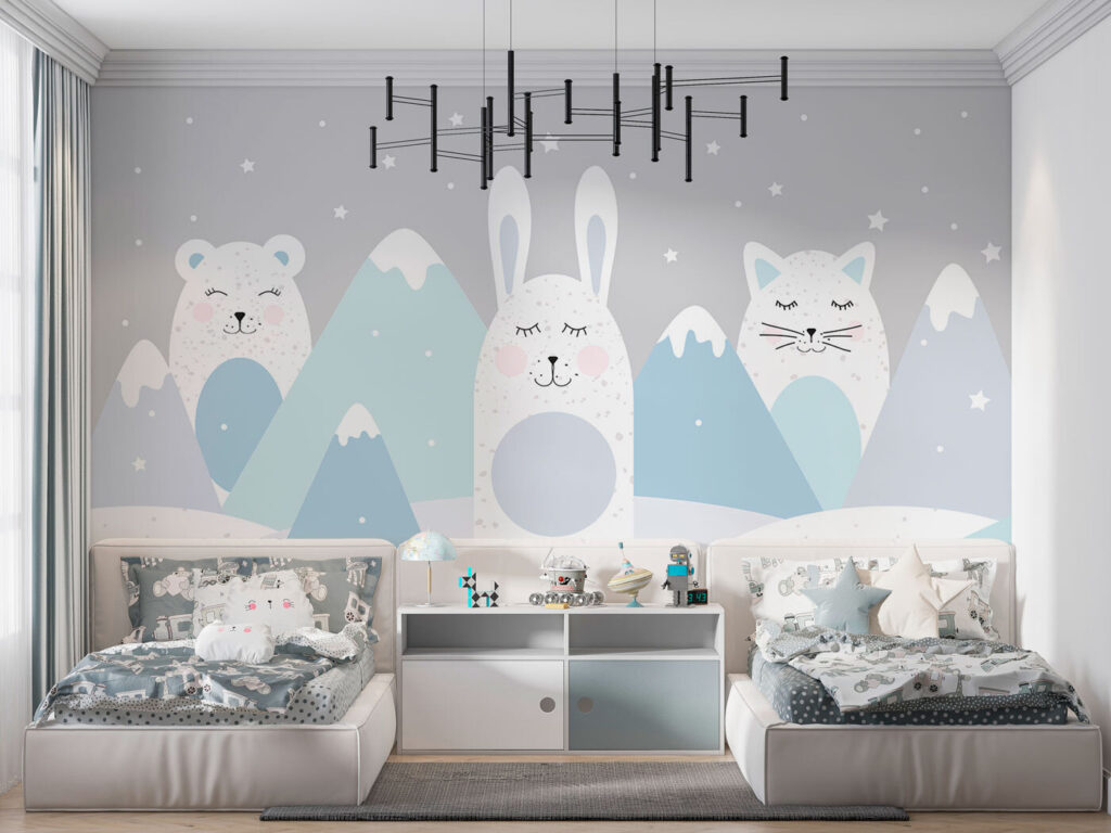 A group of animals in a snowy landscape
