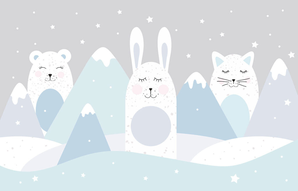 A group of animals in a snowy landscape