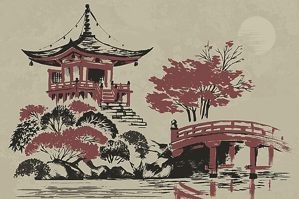 Een schilderij van een pagode en een brug Een schilderij van een pagode en een brug