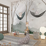 Fotobehang Een giraffe en een beer in hangmatten