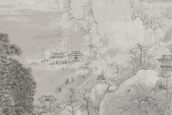Een schilderij van gebouwen op een berg Een schilderij van gebouwen op een berg