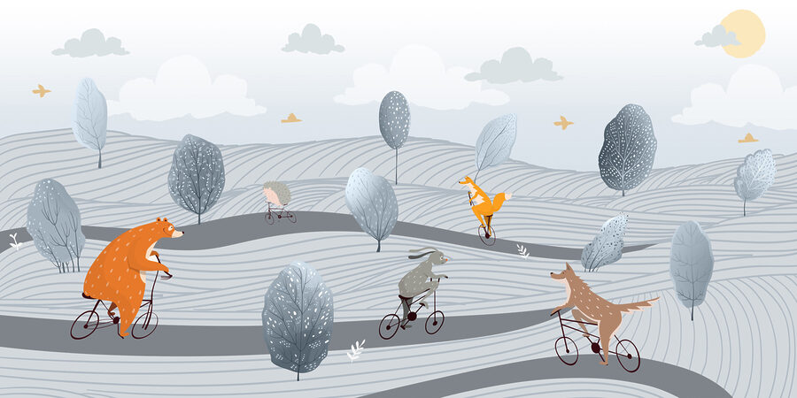 Een groep dieren op fietsen in een veld