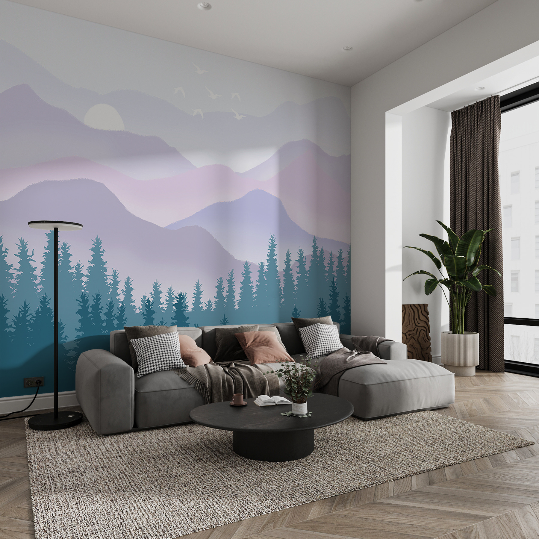 A landscape of mountains and trees