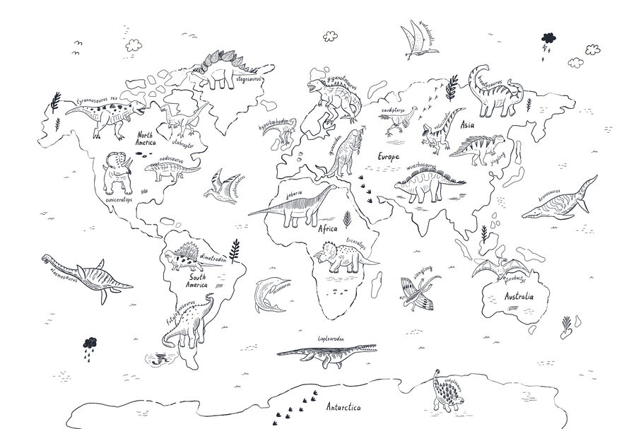 A map of the world with dinosaurs A map of the world with dinosaurs