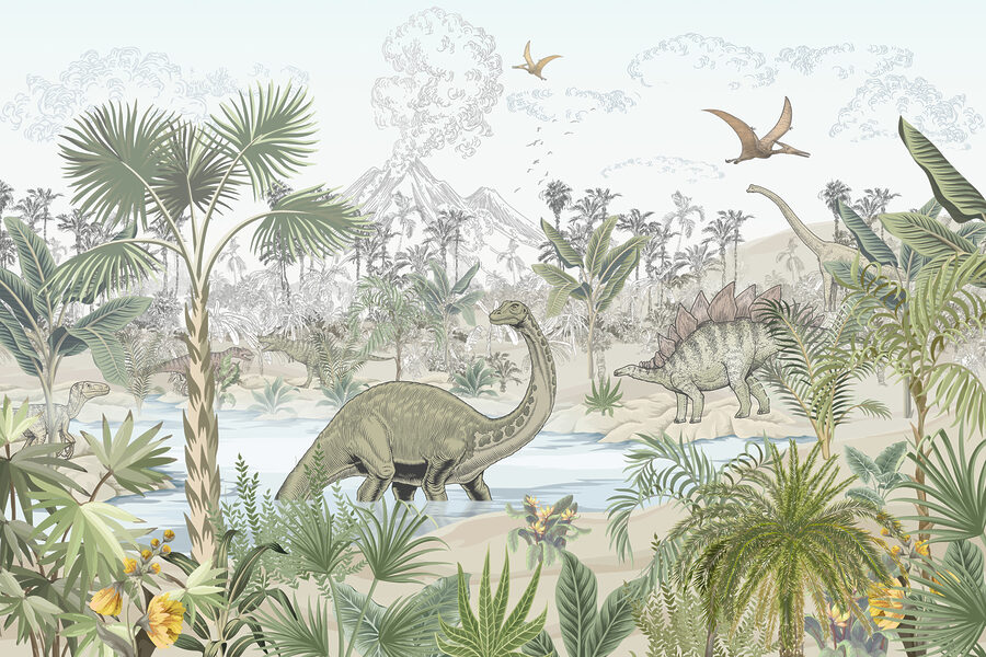 Fotobehang Een groep dinosaurussen in een rivier - Afbeelding 4