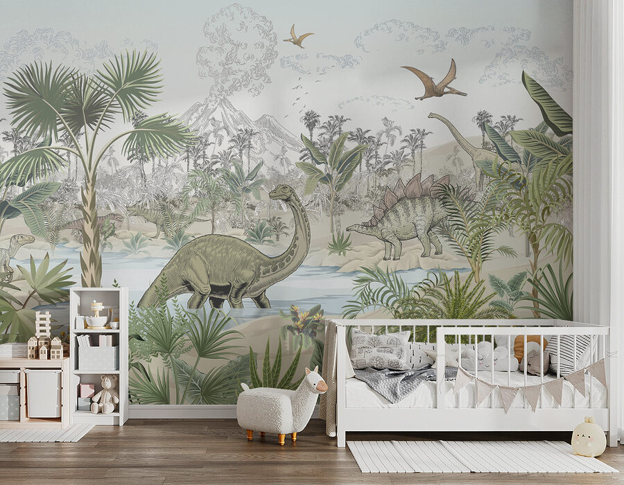 Fotobehang Een groep dinosaurussen in een rivier