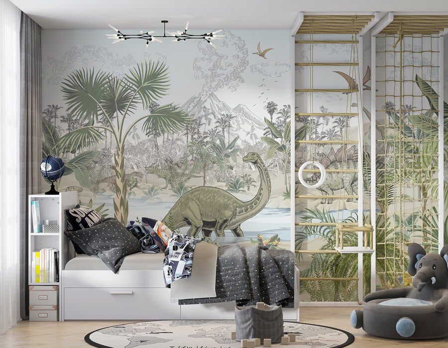 Fotobehang Een groep dinosaurussen in een rivier - Afbeelding 2