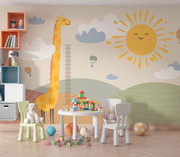 Een giraffe in een veld met een zon en wolken Een giraffe in een veld met een zon en wolken